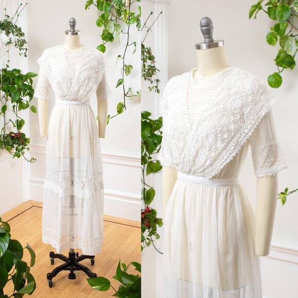 Antique Edwardian 1910s White Cotton Lace Dress Tea Lawn Vintage Wedding Gown